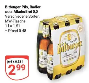 Globus Bitburger Pils, Radler oder Alkoholfrei 0,0 6 x 0,33 l Angebot