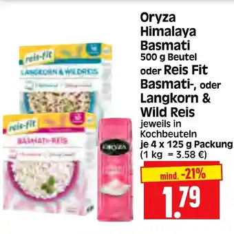 Edeka Herkules Oryza Himalaya Basmati 500 g Beutel oder Reis Fit Basmati-, oder Langkorn & Wild Reis 4 x 125 g Packung Angebot