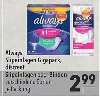 CITTI Markt Always Slipeinlagen Gigapack, Discreet Slipeinlagen Oder Binden Angebot