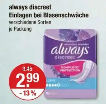 V Markt always discreet Einlagen bei Blasenschwäche je Packung Angebot