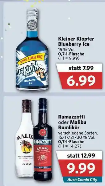 Combi Kleiner Klopfer Blueberry Ice, Ramazzotti Oder Malibu Rumlikör Angebot