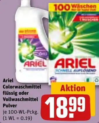 REWE Ariel Colorwaschmittel flüssig oder Vollwaschmittel Pulver 100-WL-Pckg. Angebot