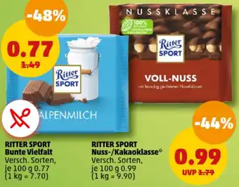 PENNY RITTER SPORT Bunte Vielfalt 100 g oder RITTER SPORT Nuss-/Kakaoklasse 100 g Angebot