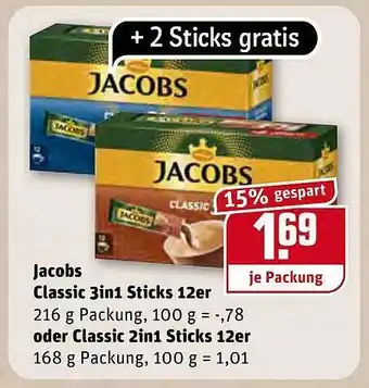 REWE Kaufpark Jacobs Classic 3in1 Sticks 12er oder Classic 2in1 Sticks 12er Angebot