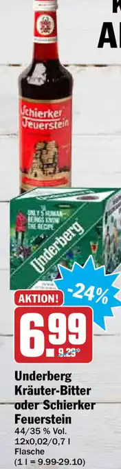 Hit Underberg Kräuter Bitter oder Schierker Feuerstein 12x0,02/0,7L Angebot