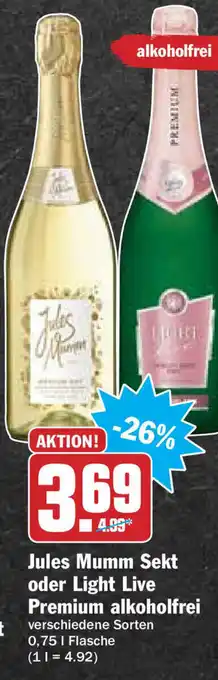 Hit Jules Mumm Sekt oder Light Live Premium alkoholfrei 0,75L Angebot