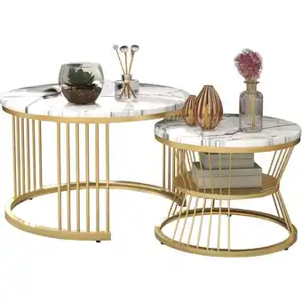 ManoMano Couchtisch, 2er Set Satztische, rund, mit Oberfläche im Marmor-Look, Metallgestell,für Wohnzimmer, modernes Design, Weiß - We Angebot