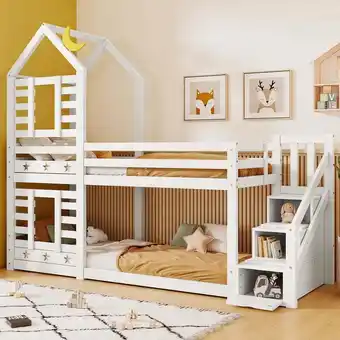 ManoMano Etagenbett 90x200cm Kinderbett mit Schubladen, Lattenrost, Treppe und Rausfallschutz, Hochbett aus Holz, Weiß - Weiß Angebot