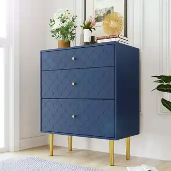 ManoMano Kommoden mit 3 Schubladen, ansprechendem Fischschuppendesign, Sideboard aus Holz, Metallbeine, 75 x 40 x 89 cm - Blau Angebot