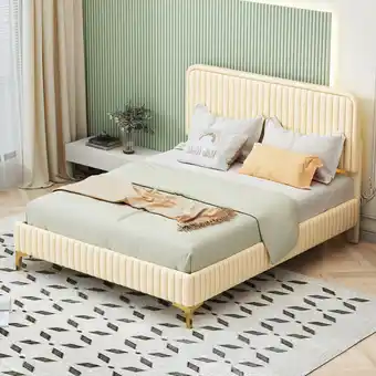 ManoMano Elbs - Polsterbett 140x200cm Doppelbett mit höhenverstellbarem Kopfteil und Lattenrost, Jugendbett aus Kunstleder, Beige - Be Angebot