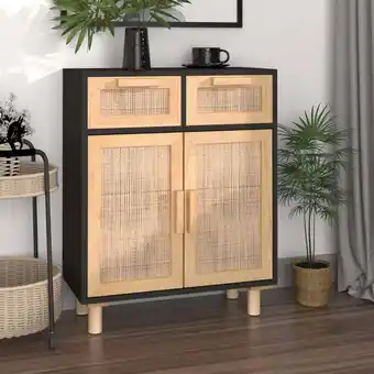 ManoMano Sideboard Anrichte,Beistellschrank fuer Flur,Kueche,Kommode Schwarz 60x30x75cm Massivholz Kiefer und Natur-Rattan Maisonchic  Angebot