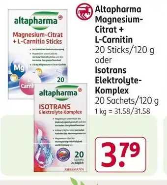 Rossmann Altapharma Magnesium- Citrat + L-Carnitin 20 Sticks/120 g oder Isotrans Elektrolyte- Komplex 20 Sachets/120 g Angebot