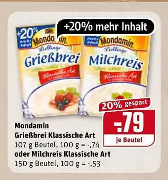 REWE Kaufpark Mondamin Grießbrei Klassische Art oder Milchreis Klassische Art Angebot