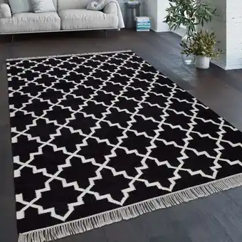 ManoMano Teppich Wohnzimmer Marokkanisches Muster Fransen Handgewebt Wolle Schwarz Weiß 60x110 cm - Paco Home Angebot