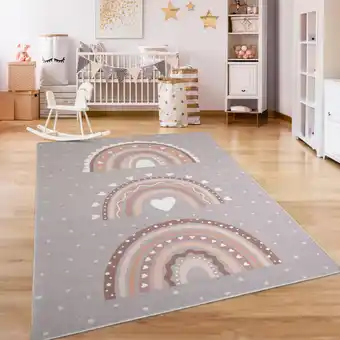 ManoMano Paco Home - Teppich Kinderzimmer Kinderteppich Kurzflor Rutschfest Herzen Sonne Regenbogen 200x280 cm, Grau-Beige Angebot