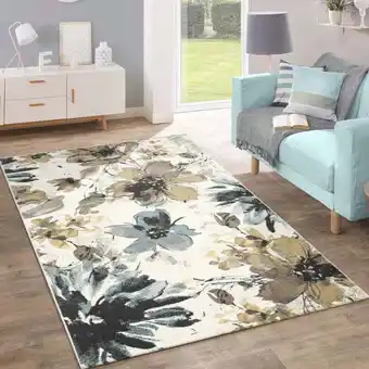 ManoMano Designer Teppich Modern Wohnzimmer Blumen Muster Pastell Töne In Grün Blau Creme 60x100 cm - Paco Home Angebot