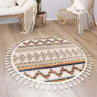 ManoMano Paco Home Teppich Wohnzimmer Kurzflor Boho Modern Ethno Skandi Geometrisch Fransen 120 cm Rund, Bunt Angebot