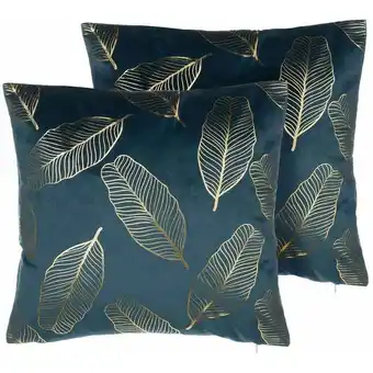 ManoMano Beliani - Dekokissen 2er Set 45 x 45 cm Samtstoff mit goldenen Blättern blau Freesia - Blau Angebot