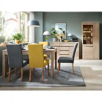 ManoMano Esszimmer Set Esstisch 140-180 cm, Sideboard, Vitrinenschrank mit Beleuchtung SANFORD-129 in Eiche hell Nb. - braun Angebot