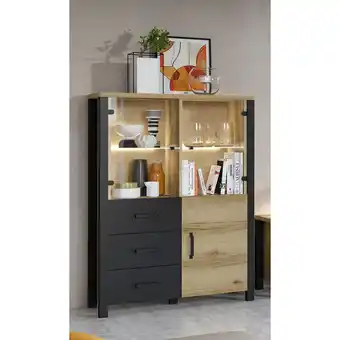 ManoMano Wohn-/Esszimmer Highboard mit led Beleuchtung in Grand Natural Oak Nb. mit schwarz supermatt ORADEA-83, b/h/t ca. 101/146/43  Angebot