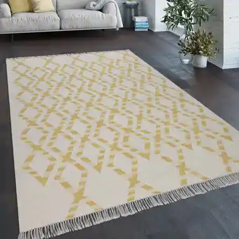 ManoMano Teppich Wohnzimmer Boho Stil Fransen Handgewebt Woll-Baumwoll Gemisch Gelb Creme 140x200 cm - Paco Home Angebot