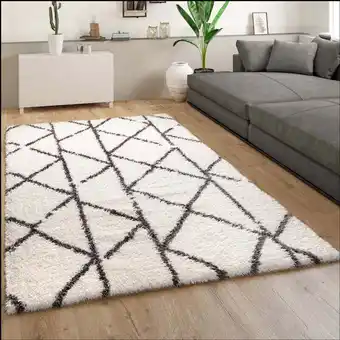 ManoMano Paco Home Hochflor Teppich Wohnzimmer Shaggy Langflor Modern Skandi Rauten Grau Creme 80x150 cm Angebot