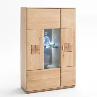 ManoMano Wohnzimmer Highboard BADALONA-05 in Eiche Bianco massiv, mit Glaseinsatz - b/h/t: ca. 90/141/38cm - braun Angebot