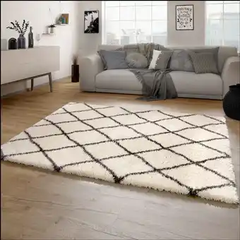 ManoMano Hochflor Teppich Wohnzimmer Shaggy Langflor Skandinavisches Rauten Muster Modern 200x290 cm, Creme 2 - Paco Home Angebot