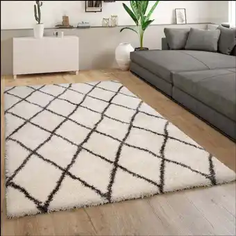 ManoMano Teppich Wohnzimmer Creme Weiß Weich Groß Shaggy Flokati Rauten Muster Hochflor 120x160 cm - Paco Home Angebot