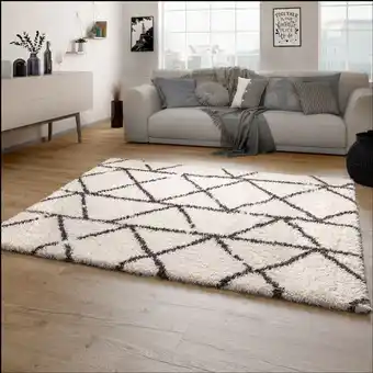 ManoMano Hochflor Teppich Wohnzimmer Shaggy Langflor Skandinavisches Rauten Muster Modern 200x290 cm, Creme 5 - Paco Home Angebot