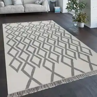 ManoMano Teppich Wohnzimmer Boho Stil Fransen Handgewebt Woll-Baumwoll Gemisch Grau Creme 120x170 cm - Paco Home Angebot