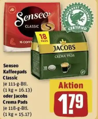 REWE Senseo Kaffeepads Classic 111 g Btl. oder Jacobs Crema Pads 118 g Btl. Angebot