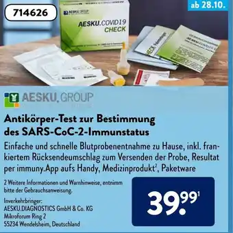 Aldi Süd Antikörper Test zur Bestimmung des SARS CoC-2 Immunstatus Angebot