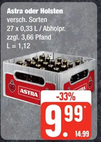 Edeka Frischemarkt Astra oder Holsten versch. Sorten 27*330ml Angebot