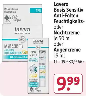 Rossmann Lavera Basis Sensitiv Anti-Falten Feuchtigkeits oder Nachtcreme 50 ml oder Augencreme 15 ml Angebot