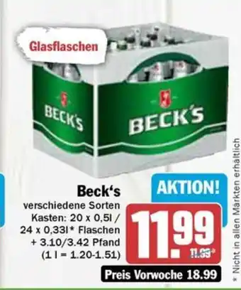 Hit Beck's Kasten: 20 x 0,5 l/ 24 x 0,33 l Flaschen Angebot