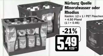 Hit Nürburg Quelle Mineralwasser oder Rhodius Kasten: 12 x 1 l PET Flaschen Angebot