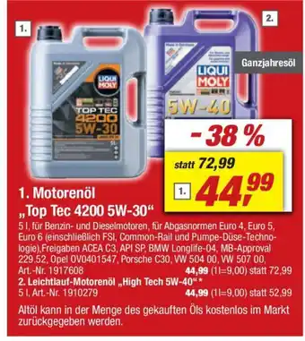 toom Baumarkt 1. Motorenöl ,,Top Tec 4200 5W-30" 5L Angebot