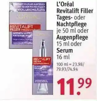 Rossmann L'oréal Revitalift Filler Tages- Oder Nachtpflege Oder Augenpflege Oder Serum Angebot