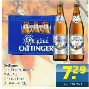 Getränke Arena Oettinger Pils, Export, Radler, Malz oder Alt 20x0,5L Angebot