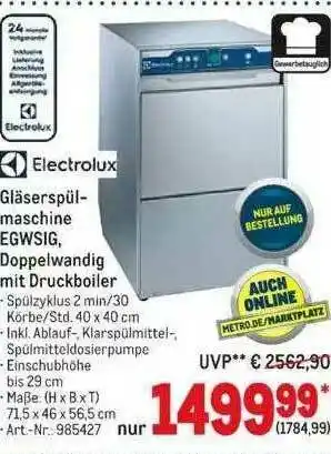 METRO Electrolux Gläserspül Maschine EGWSIG Doppelwandig Mit Druckboiler Angebot