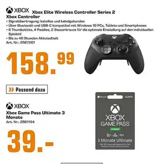 Saturn Xbox Elite Wireless Controller Series 2 Xbox Controller, Xbox Game Pass Ultimate 3 Monate Angebot