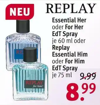 Rossmann Replay essential her oder for her edt spray oder essential him oder for him edt spray Angebot