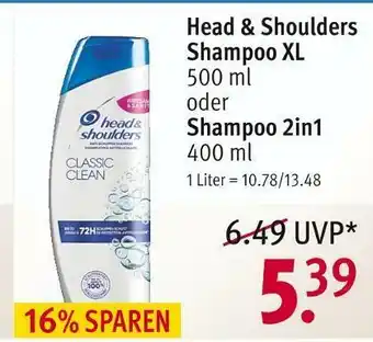 Rossmann Head & shoulders shampoo xl oder shampoo 2in1 Angebot