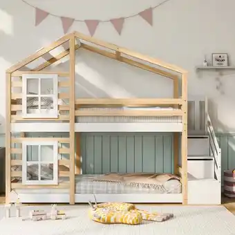 ManoMano Okwish - Kinderbett Baumhaus mit Schublade und Rausfallschutz 90 x 200 cm, Hochbett für Kinder– 2x Lattenrost- Natur & Weiß Angebot