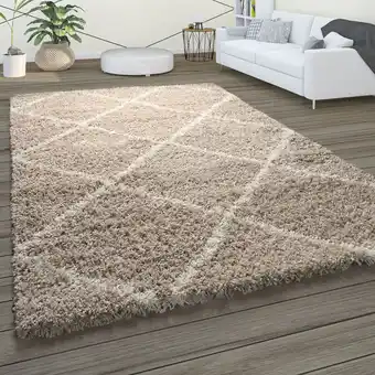 ManoMano Paco Home - Hochflor Teppich Weicher Wohnzimmer Shaggy Skandinavischer Stil Rautenmuster Beige, 150 cm Quadrat Angebot