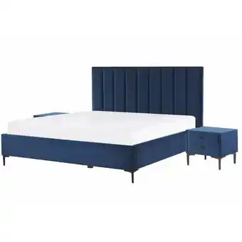 ManoMano Beliani - Bett mit 2 Nachttischen Blau Samtstoff Lattenrost 160x200 cm Dekoratives Kopfteil mit Vertikaler Versteppung Modern Angebot