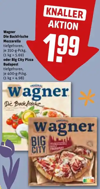 REWE Wagner Die Backfrische Mozzarella 350 g oder Big City Pizza Budapest 400 g Pckg. Angebot