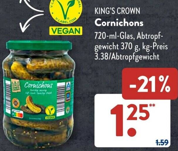 KING'S CROWN Cornichons 720 ml Glas Angebot bei Aldi Süd