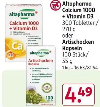 Rossmann Altapharma Calcium 1000 + Vitamin D3 300 Tabletten/ 270 g oder Artischocken Kapseln 100 Stück Angebot